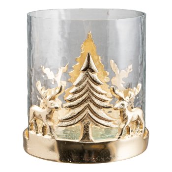 Glas Windlicht m.Aluminium Weihnachtslandschaft, 13x13x15cm, gold