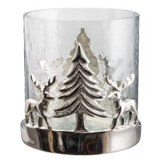 Glas Windlicht m.Aluminium Weihnachtslandschaft, 13x13x15cm, silber