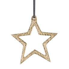 Aluminium hanger, star, w.leather strap, 11x10cm, gold