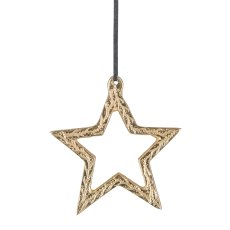 Aluminium hanger, star, w.leather strap, 13x12cm, gold