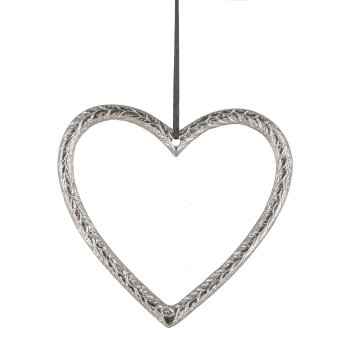 Aluminium hanger, heart, w.leather strap, 14x14cm, silver