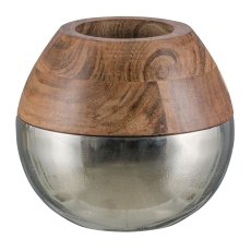 Aluminium Kugel Vase, m.Mango Holz Rand, 14x16x16cm, Silber, LEPURO