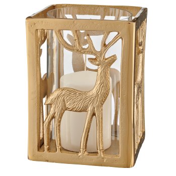 Aluminium Windlicht Quader, Hirschmotiv, 21x16x16cm, gold