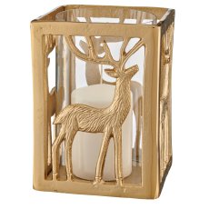 Aluminium Windlicht Quader, Hirschmotiv, 21x16x16cm, gold