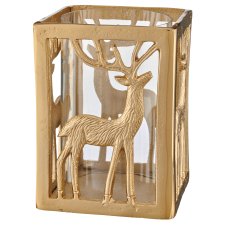 Aluminium Windlicht Quader, Hirschmotiv, 21x16x16cm, gold
