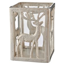 Aluminium Windlicht Quader, Hirschmotiv, 21x16x16cm, silber