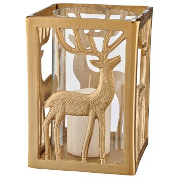Aluminium Windlicht Quader, Hirschmotiv, 27x19x19cm, gold