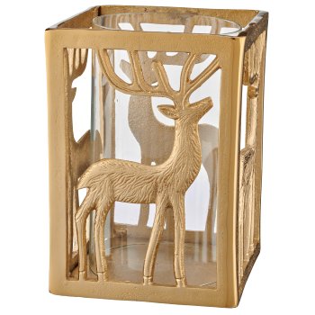 Aluminium Windlicht Quader, Hirschmotiv, 27x19x19cm, gold