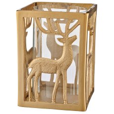 Aluminium Windlicht Quader, Hirschmotiv, 27x19x19cm, gold