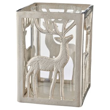 Aluminium lantern cuboid, deer motif, 27x19x19cm, silver