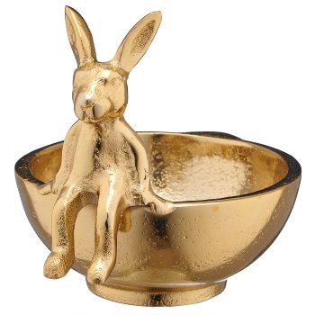 Aluminium Schale rund, mit Hase sitzend, 12x15x10cm, gold