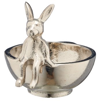 Aluminium Schale rund, mit Hase sitzend, 12x15x10cm, silber