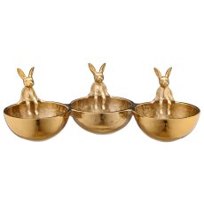 Aluminium 3er Schale rund, mit 3 Hasen sitzend, 19x39x8cm, gold
