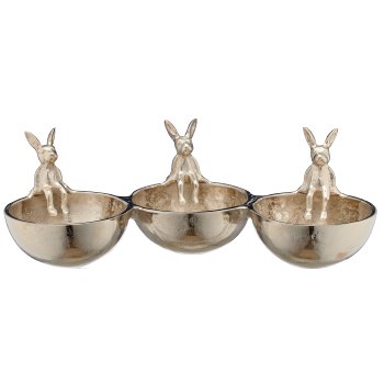 Aluminium 3er Schale rund, mit 3 Hasen sitzend, 19x39x8cm, silber