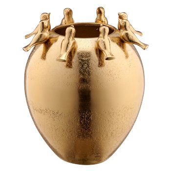 Aluminium Vase mit 8 Vögeln, bauchig, 13x13x22cm, gold
