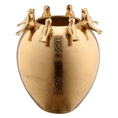 Aluminium Vase mit 8 Vögeln, bauchig, 13x13x22cm, gold