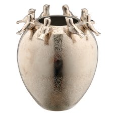 Aluminium Vase mit 8 Vögeln, bauchig, 13x13x22cm, silber