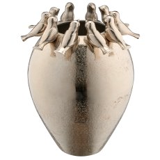 Aluminium Vase mit 10 Vögeln, bauchig, 29x29x36cm, silber