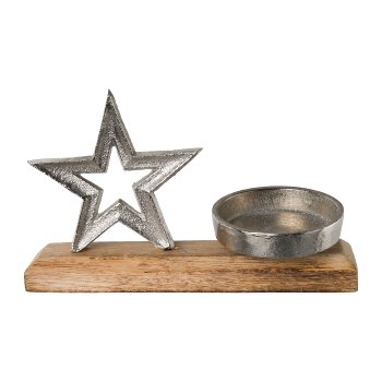 Candlestick Star Wood-Aluminium, 12x19x8cm, Natural