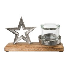 Candlestick Star Wood-Aluminium, 12x19x8cm, Natural