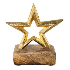 Aluminium star on wooden base, 8x8x5cm, gold