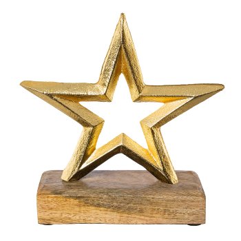 Aluminium star on wooden base, 15x15x5cm, gold