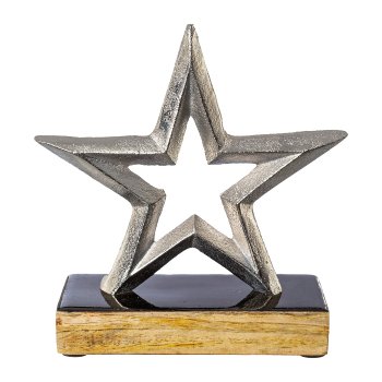 Aluminium star on wooden base, 15x15x5cm, silver on black