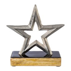 Aluminium star on wooden base, 15x15x5cm, silver on black