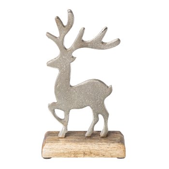 Aluminium Stag On Wooden Base, 23x13x6cm, Silver