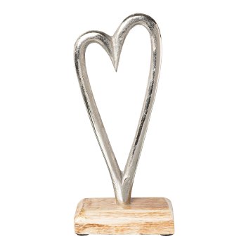 Aluminium Heart On Wooden Base, 23x10x5cm, Silver