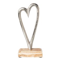 Aluminium Heart On Wooden Base, 23x10x5cm, Silver