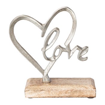 Aluminium Herz m.Schrift auf Holzbase, 18x15,5x5cm, silber