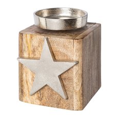 Aluminium Tea Light Holder with Star On Wooden Base, 10x10x13, Silver