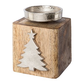 Aluminium Tea Light Holder with Tree On Wooden Base, 10x10x13, Silver