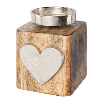 Aluminium Tea Light Holder with Heart On Wooden Base, 10x10x13, Silver