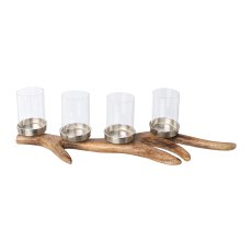 Aluminium Candle Holder x4 On Wooden Antlers, 57x17x6cm, Silver