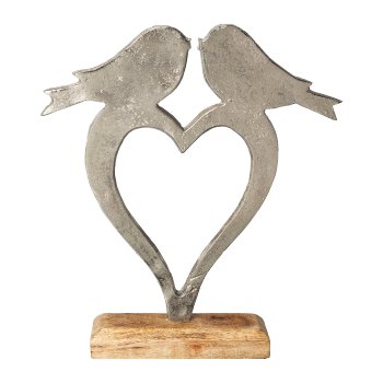 Aluminium Object On Wooden Base Lovely Birds, 28x22x5cm, Silver