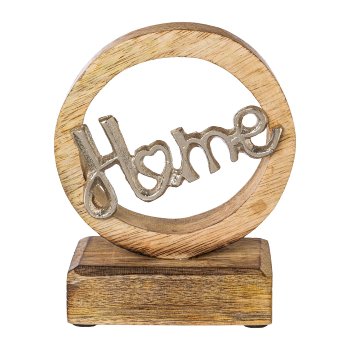Holz Objekt auf Fuß m.Aluminium Schriftzug HOME, 15x12x5cm, silber