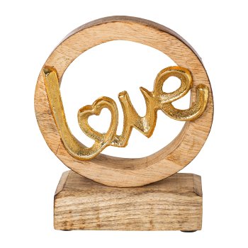 Holz Objekt auf Fuß m.Aluminium Schriftzug LOVE, 15x12x5cm, gold