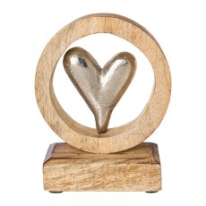 Wooden object ring on base, with aluminium heart, 15x12x5cm,