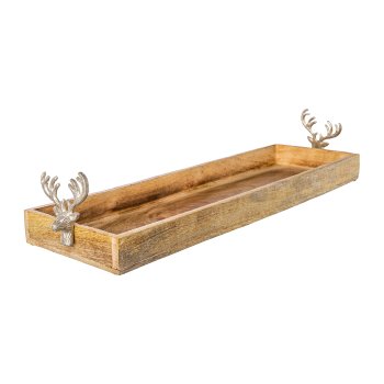 Wooden tray with aluminium, deer heads, 10x18x63cm,