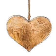 Wooden hanger heart foil finish, 15x15x2,5cm, silver