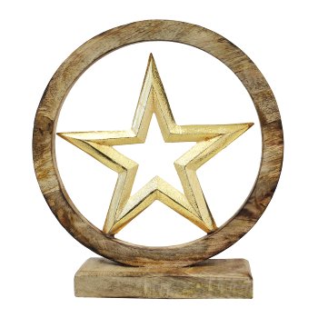 Wooden ring object with aluminium star, 28x25x5cm, gold