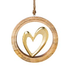 Wooden ring hanger with aluminium,heart, 20x20x2,5cm, gold