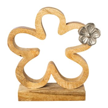 Mango wood flower open w.aluminium flower on base, 22x20x5cm, nature
