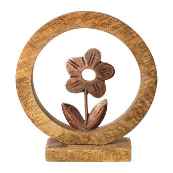 Aluminium flower in mango wood ring on base, 23x20x5cm, bronze