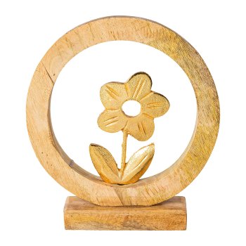 Aluminium flower in mango wood ring on foot, 23x20x5cm, gold