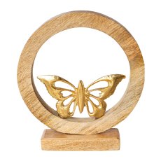 Aluminium Schmetterling Mango Holz Ring auf Fuss, 23x20x5cm, gold