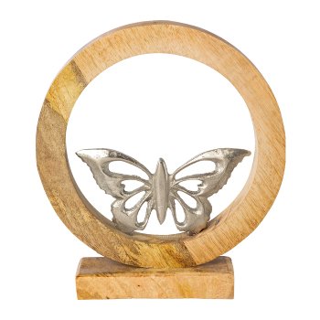 Aluminium Schmetterling Mango Holz Ring auf Fuss, 23x20x5cm, silber