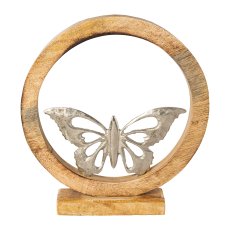 Aluminium Schmetterling Mango Holz Ring auf Fuss, 27x25x5cm, silber